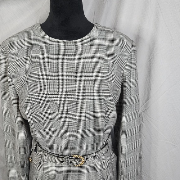 CLUES COLLECTIONS Size 12 USA Vintage Belted Glen Check Plaid Midi Sheath Dress - Picture 2 of 8